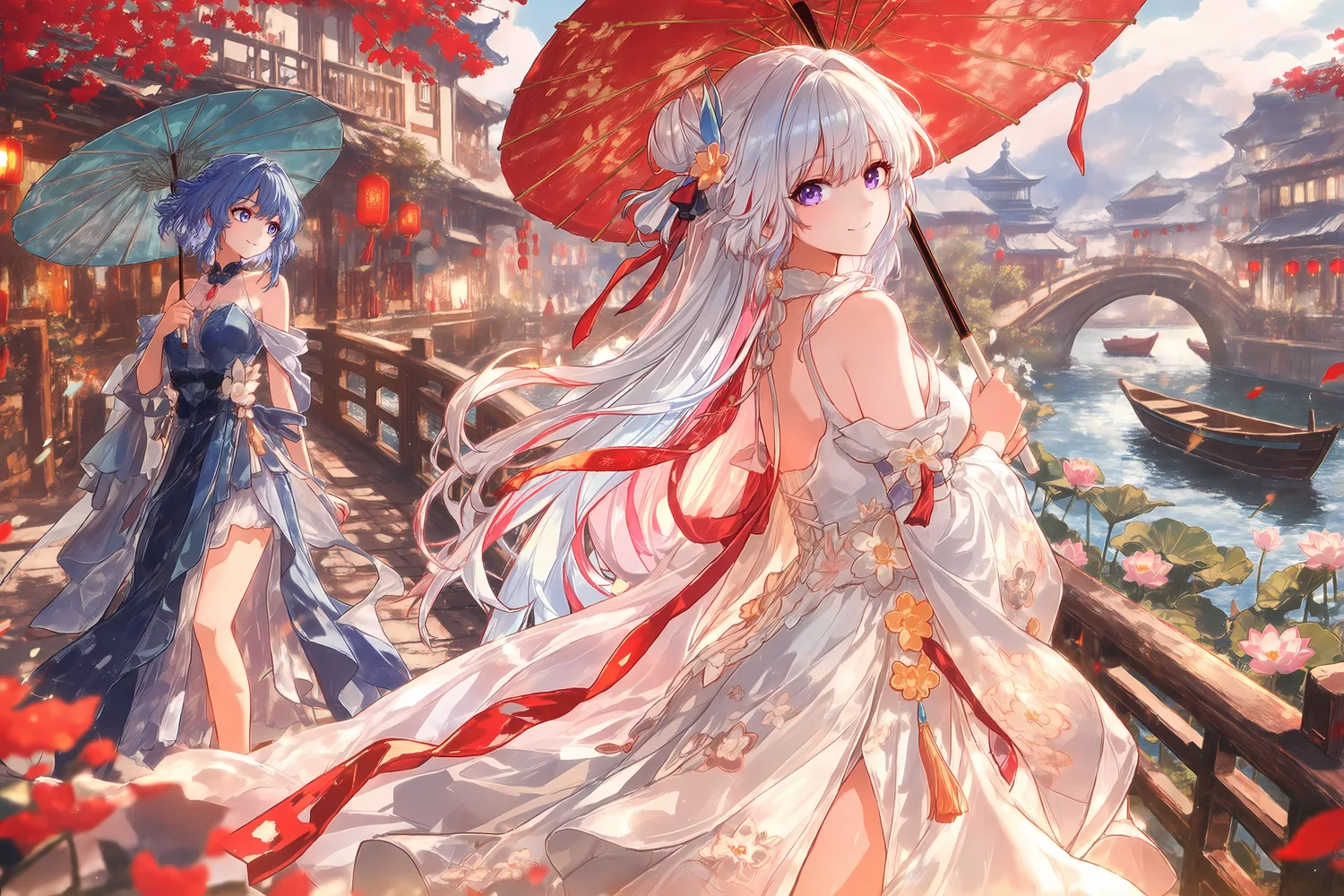 轻雨伞开:雨伞与秋色中的两位少女