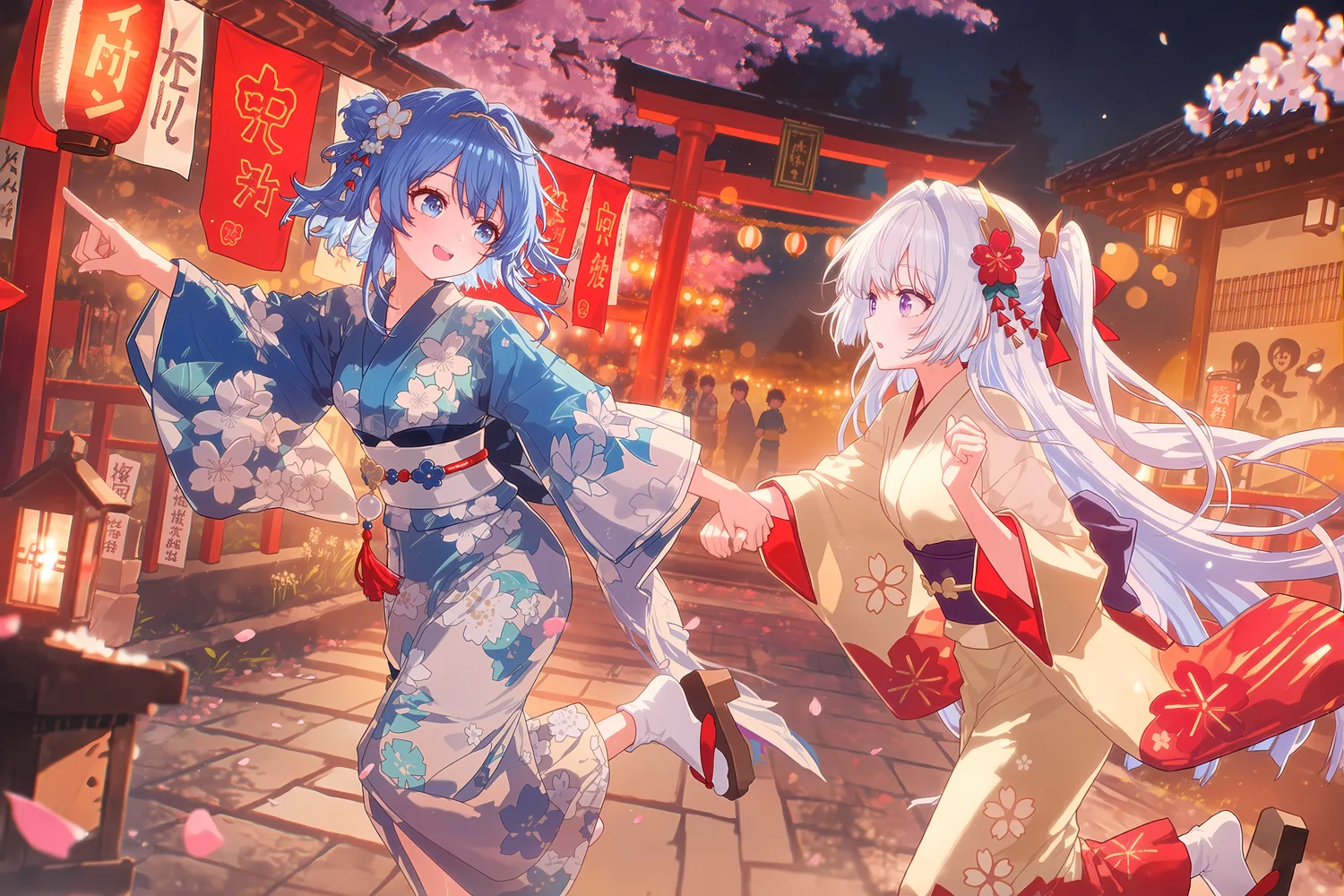 夏日祭:蓝发与白发少女穿行于热闹的祭典
